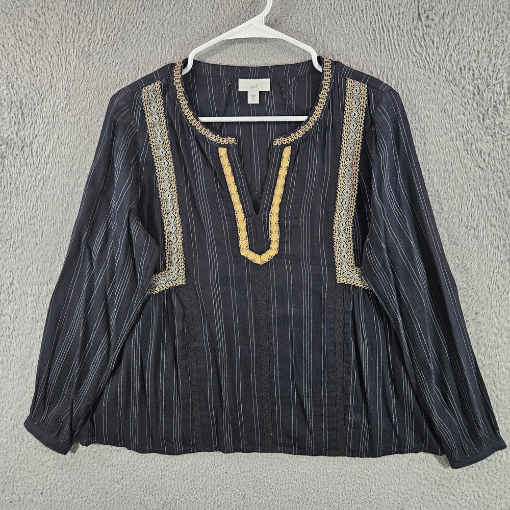 J. Jill Navy Pinstripe Embroidered Split Neck Blouse XS Petite Boho Top